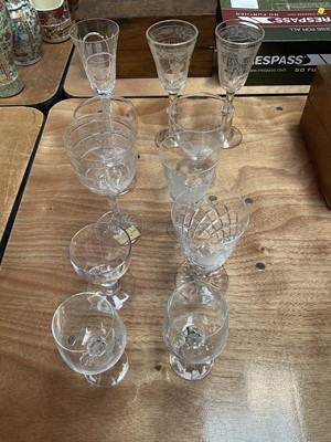 Lot 5048 - Pair of 18th century style Scottish Jacobite glass goblets engraved with Jacobite roses and 'The Immortal Memory', good quality George V coronation cut glass goblet, and other commemorative glass...