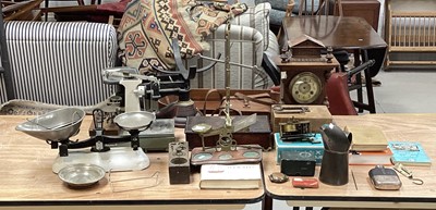 Lot 5114 - Three boxes of sundry items to include clock parts, planes, scales, hip flask and other items.