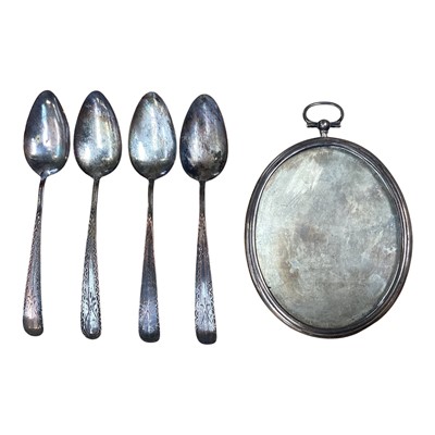 Lot 5089 - Rare set of four 18th century old Sheffield plate teaspoons with bright cut decoration together with a Georgian white metal portrait miniature frame
