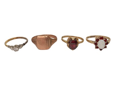 Lot 192 - 18ct gold diamond single stone ring in platinum illusion setting, 9ct rose gold signet ring, 9ct gold garnet single stone ring and 9ct gold opal and garnet flower head cluster ring (4)