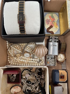 Lot 193 - Group of vintage costume jewellery and watches to include a ladies' 9ct gold cased Limit III wristwatch on plated expandable bracelet, ladies' Rado wristwatch in box, silver charm bracelet etc