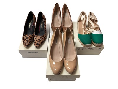 Lot 2603 - Mixed lot to include four pairs of shoes including Russell & Bromley curve printed leopard with red heel size 41 nearly new, L.K Bennett nude heels size 42 slightly worn etc.