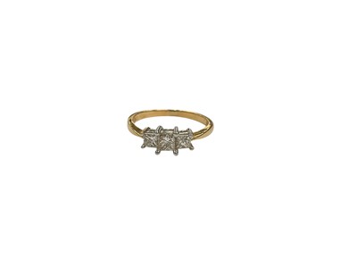 Lot 203 - Diamond three stone ring with three princess cut diamonds, estimated to weigh approximately 0.50cts in total, in claw setting on 18ct yellow gold tapered shank. Ring size M