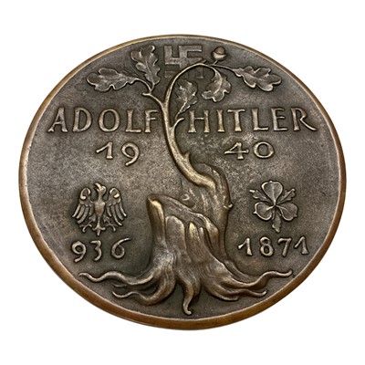 Lot 660 - Germany - A very large bronze commemorative medallion 'The Hitler Medallion' Obv: Portrait of Hitler facing left, Rev: An oak tree with new shoots commemorating The First & Second Germanic E...
