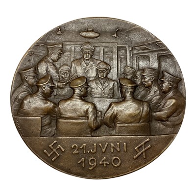 Lot 661 - Germany - A large bronze medallion celebrating The Franco German Armistice, Obv: Depicts French & German officers inside the historical train carriage in The Forest of Compiegne 1940 by K. G...