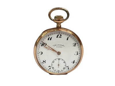 Lot 212 - 14ct gold cased Chronometer Supra pocket watch with white enamel dial, Arabic numerals and subsidiary seconds in a gold case stamped 14K, 46mm diameter