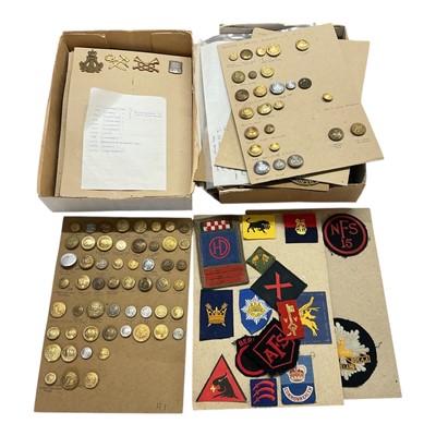 Lot 749 - Collection of assorted military badges and buttons, mounted on boards, (1 box).