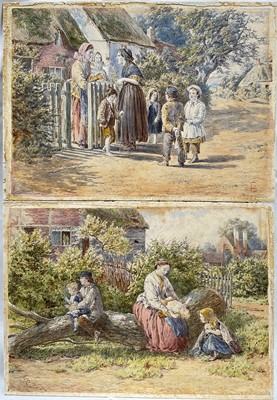 Lot 73 - manner of Myles Birket Foster, pair watercolours, Women and children at a cottage gate and A Woman and child on a felled tree trunk, both with monogram, 13.5cm x 19cm