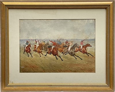 Lot 143 - English School, watercolour, The Run in, a horse racing scene, with monogram, 25cm x 35cm, glazed gilt frame