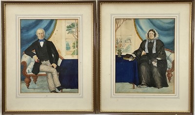 Lot 69 - American Naive School, watercolours, a pair, Portraits of a Lady and a Gentleman, 24cm x 19cm, glazed frames