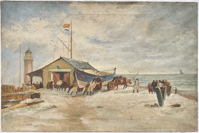 Lot 72 - J. H. Govier, pair oils on canvas, Launching the Lifeboat, signed and dated 1928, 41cm x 61cm, amd another, unframed