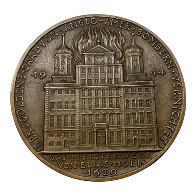 Lot 672 - Germany - A large bronze medallion commemorating The Destruction of Augsburg Town Hall by Allied Bombers in 1944 by K. Goetz (Dia: 99mm) (1 medallion)