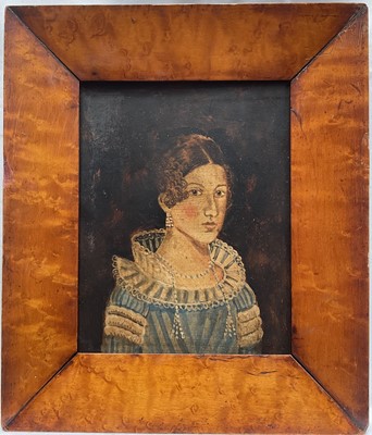Lot 140 - English Victorian School, circa 1830, oil on board, naive portrait of a lady in blue and white dress, 17cm x 14cm