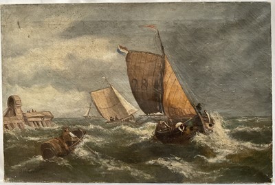 Lot 141 - J H Govier, oil on canvas, extensive coastal landscape with fishing vessels, dated 1918, 41cm x 61cm, unframed.