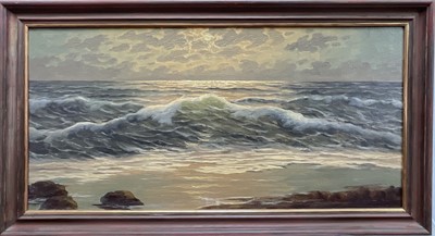 Lot 74 - After Ernest Stuart, oil on canvas, seashore with breaking waves under a dying sun, 38cm x 78cm,framed