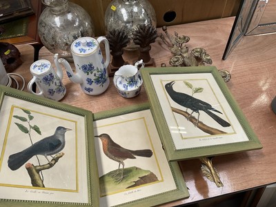 Lot 5054 - Miscellaneous group of items to include a pair of antique French gilded brass floral wall ornaments, three 19th century hand coloured engravings of birds, pair of cast iron door stops, Hammersle...