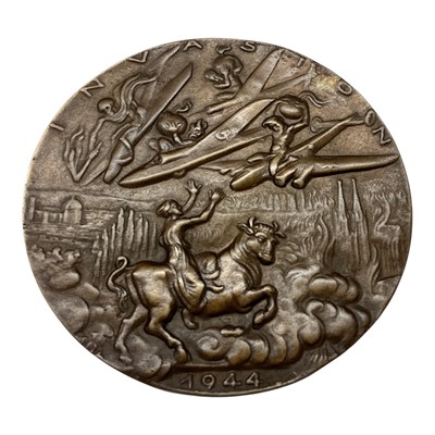 Lot 686 - Germany - A large bronze medallion concerning The Fate of The Reich & Europe, Obv: Depicts Allied planes attacking the Reich under the caption 'Invasion' 1944 by K. Goetz (Dia: 111mm) (1 med...
