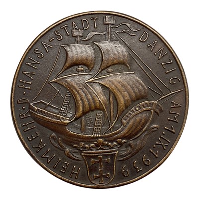 Lot 688 - Germany - A large bronze medallion commemorating The Return of Danzig to Germany, Obv: Depicts a sailing ship 1.9.1939 by K. Goetz (Dia: 103mm) (1 medallion)