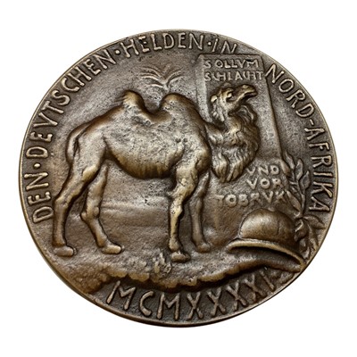 Lot 691 - Germany - A large bronze medallion commemorating The German Hero's in North Africa, Obv: Portrait of Rommel, Rev: A camel standing in front of a stone pillar marked 'Tobruk' etc. by K. Goetz (Di...