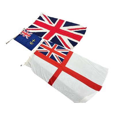 Lot 754 - Royal Fleet Auxiliary (RFA) ensign, dated 1971, together with a White Ensign and a Union Jack flag, (3).