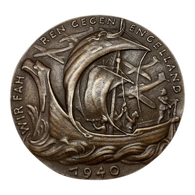 Lot 695 - Germany - A bronze satirical medallion 'We are Sailing Against England' Rev: Depicts Allied shipping sinking in The English Channel off Calais etc. 26 May 1940 by K. Goetz (Dia: 71mm) (1 medalli...