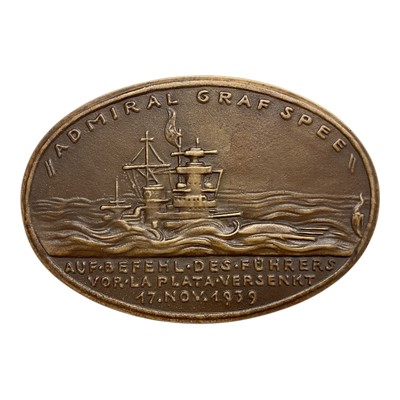 Lot 698 - Germany - A large bronze oblong medallion commemorating The Battle of The River Plate & The Sinking of Battleship Admiral Graf Spee, Obv: Depicts the portraits of Admiral Graf Spee & Cap...