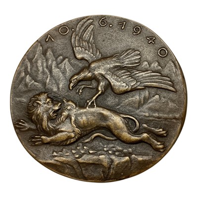 Lot 591 - Germany - A large bronze medallion commemorating The End of British Control of Narvik, Obv: A portrait of General Eduard Dietl facing right, Rev: Depicts The German Eagle attacking the British l...