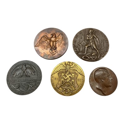 Lot 592 - Germany - Mixed medallions to include bronze of Hitler facing right (N.B. Rev: Blank and undated) (Dia: 50mm), Zinc plated bronze commemorating The Agricultural Exhibition in Munich 1937 (Dia: 6...