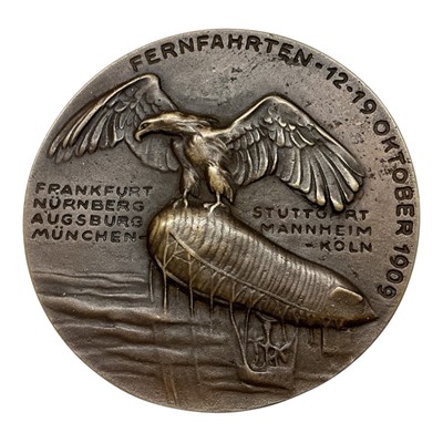 Lot 593 - Germany - A bronze medallion commemorating The Long Distance Airship flights by August Von Parseval 12-19 October 1909, Obv: Portrait of August Von Parseval facing left, Rev: Airship with eagle...