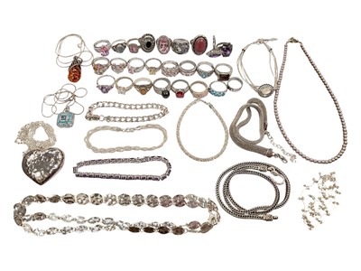 Lot 224 - Group of contemporary silver jewellery to include various gem set dress rings, amber pendant on chain, other pendants, necklaces, bracelets etc