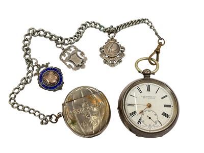 Lot 225 - Silver cased Leicester & Co. Twickenham pocket watch with a plated watch chain suspending a silver plated rugby / football association novelty vesta case and three silver fobs