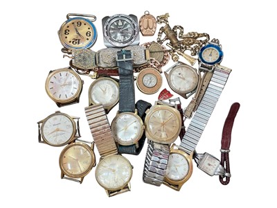 Lot 227 - Group of vintage wristwatches including Timemaster 'World Time' diver's style watch, Timex, Smiths, Roamer etc, fancy link gold plated watch chain with winding key / seal fob etc