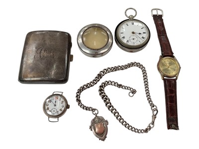 Lot 183 - Antique silver cased watch, pocket watch and one other wristwatch, silver watch chain with silver fob and a silver cigarette case (London 1929)