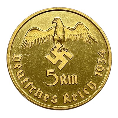 Lot 597 - Germany - Gold .999 (R.S.V. tested) pattern 5 Reichsmark coin, Obv: Bust of Hitler facing left, Rev: Eagle in flight, claws holding swastika (Wt. 29.8gms) (N.B. In cardboard case of issue) (1...