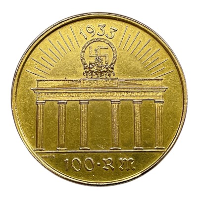 Lot 598 - Germany - Gold .3330 pattern proof 100 Reichs mark 1933, Obv: Head of Hitler left, Rev: Brandenburg Gate (N.B. Possibly produced in Buenos Aires, Argentina in 1959 as souvenirs for German vetera...