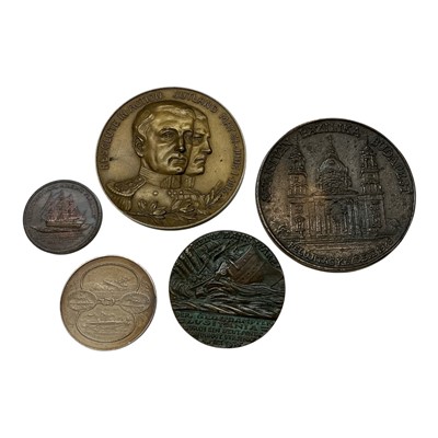 Lot 580 - Germany - Mixed metal commemorative medallions to include spink silver Jutland 1916, a bronze Jutland 1916, Nelson commemorative medallion circa 1900 (N.B. Copper from H.M.S Foudrayant), Lusitan...