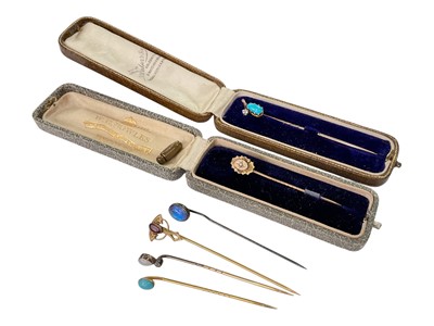 Lot 196 - Group of Victorian and later stick pins including a 9ct gold and seed pearl pin, turquoise and diamond yellow metal pin, one other turquoise cabochon yellow metal pin, opal and diamond yellow me...