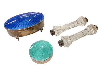 Lot 202 - 1920s silver and blue guilloche enamel oval jewellery box, together with a silver and turquoise guilloche enamel powder pot