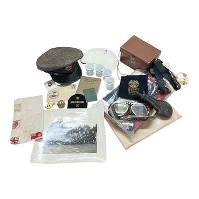 Lot 778 - Group of assorted militaria to include a 1950s RAF cap, group of assorted mess ceramics, a Union Jack flag and other items, (1 box).