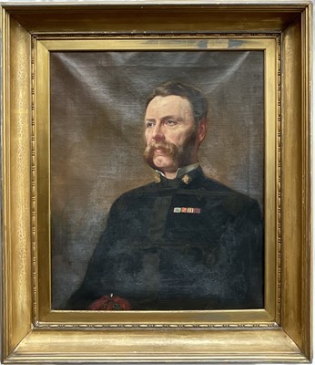 Lot 90 - Victorian oil on canvas, Portrait of a 2nd Lieutenant in The Rifle Brigade, wearing medals