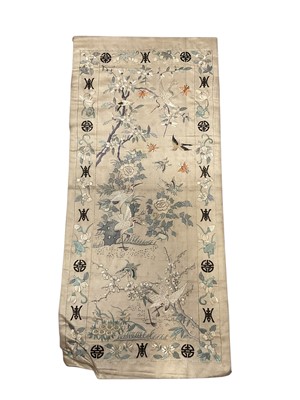 Lot 2600 - Chinese embroidered silk panel mounted on board depicting birds, insects, flowers and symbols. Plus a framed and glazed beaded panel, an embroidered panel with raised flowers and bird, etc.