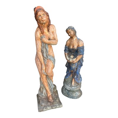 Lot 1411 - Two painted concrete garden figures of semi clad females