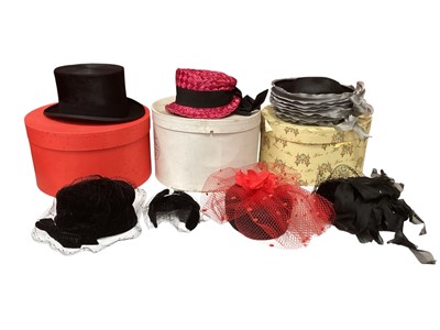 Lot 2589 - Selection of hats and half-hat including Moss Bros top hat size 7, ladies' hats including makes Bermona, Philip Somerville, Dolores, Peter Robinson and Edna Wallace. In 5 hat boxes including Fort...