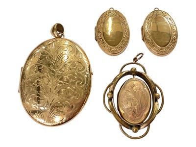 Lot 242 - Group of four gold locket pendants to include 9ct gold locket suspended in an antique gilt metal mount, two matching 9ct gold oval lockets and a large oval yellow metal locket