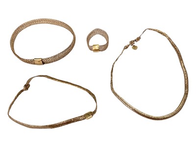 Lot 244 - Italian 9ct gold mesh bangle and matching ring, together with two other 9ct gold mesh bracelets (4)