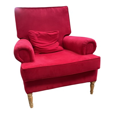 Lot 5373 - Good quality contemporary easy chair upholstered in red suede fabric, on turned legs