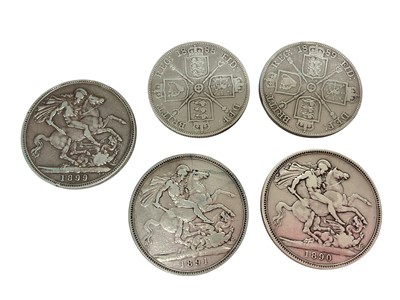 Lot 505 - G.B. - Mixed Victorian silver coinage to include Crowns JH 1890 AF, 1891 F, OH 1899 LXII (N.B. Edge bruise) otherwise AF, JH Double Florins 1888 F & 1889 AF (5 coins)