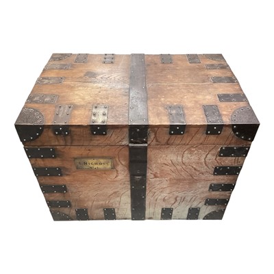 Lot 5371 - 19th century oak and iron bound silver chest with locking mechanism and two keys