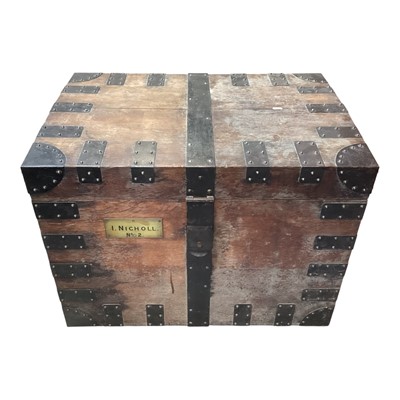 Lot 5372 - 19th century oak and iron bound silver chest with locking mechanism and two keys