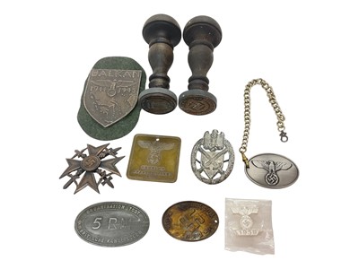 Lot 830 - Two Nazi German document stamps, Nazi Balkan shield badge and other badges.
